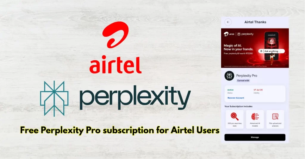 एक स्मार्टफोन पर Airtel Thanks ऐप और Perplexity Pro का लोगो, जो फ्री सब्सक्रिप्शन ऑफर को दर्शाता है