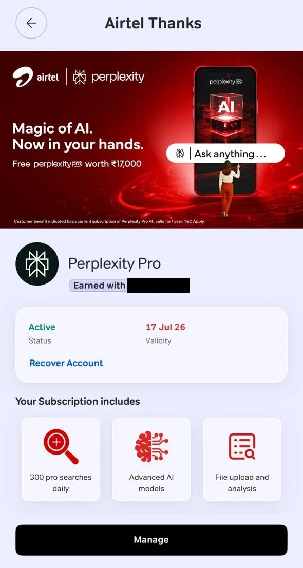 airtel thanks perplexity pro free offer