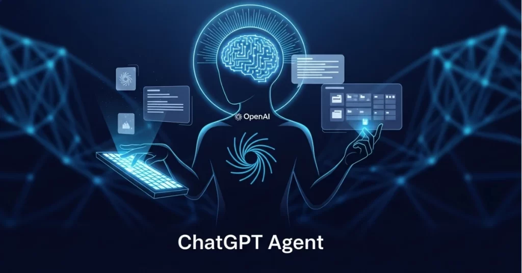 OpenAI का ChatGPT Agent लोगो, जो एक वर्चुअल असिस्टेंट को दर्शा रहा है और पर्सनल काम कर रहा है।