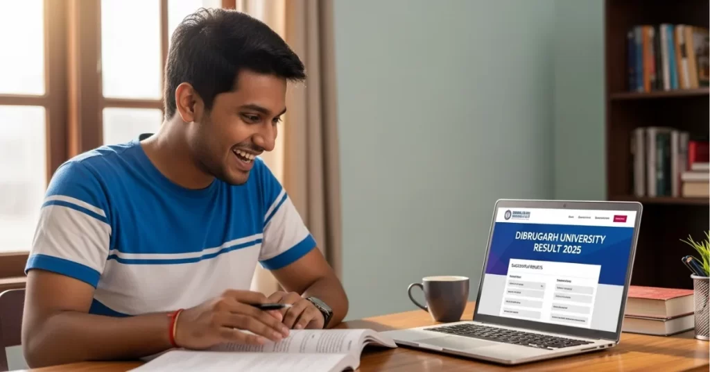एक छात्र अपने लैपटॉप पर dibrugarh university result 2025 चेक कर रहा है, और वह खुश दिख रहा है।