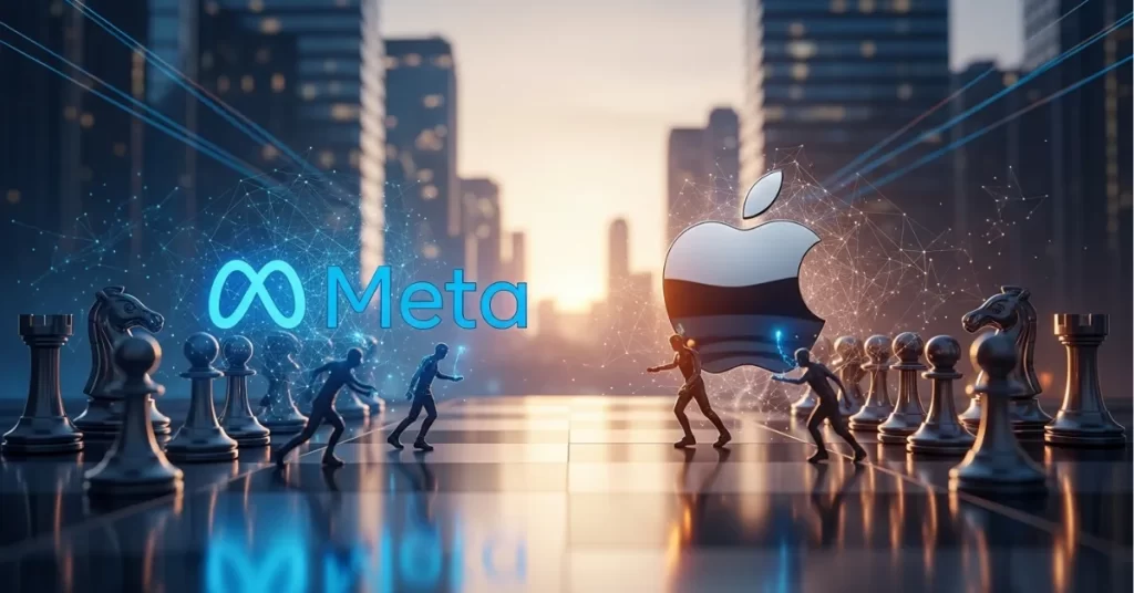 Meta और Apple के लोगो एक-दूसरे के आमने-सामने हैं, जो दोनों के बीच AI टैलेंट के लिए चल रही जंग को दर्शा रहा है।