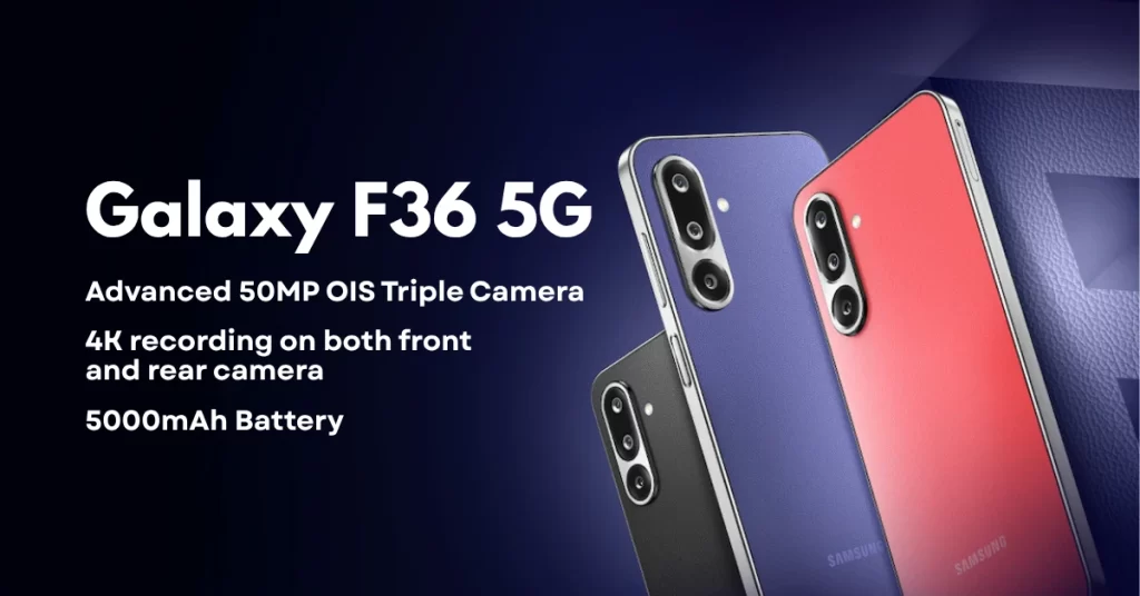 Samsung Galaxy F36 5G स्मार्टफोन कोरल रेड, लक्स वॉयलेट, और ओनिक्स ब्लैक रंगों में लेदर फिनिश के साथ दिखाया गया है।