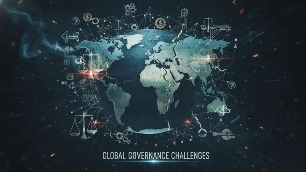 Visual representation of global governance challenges with world map and interconnected regulatory symbols