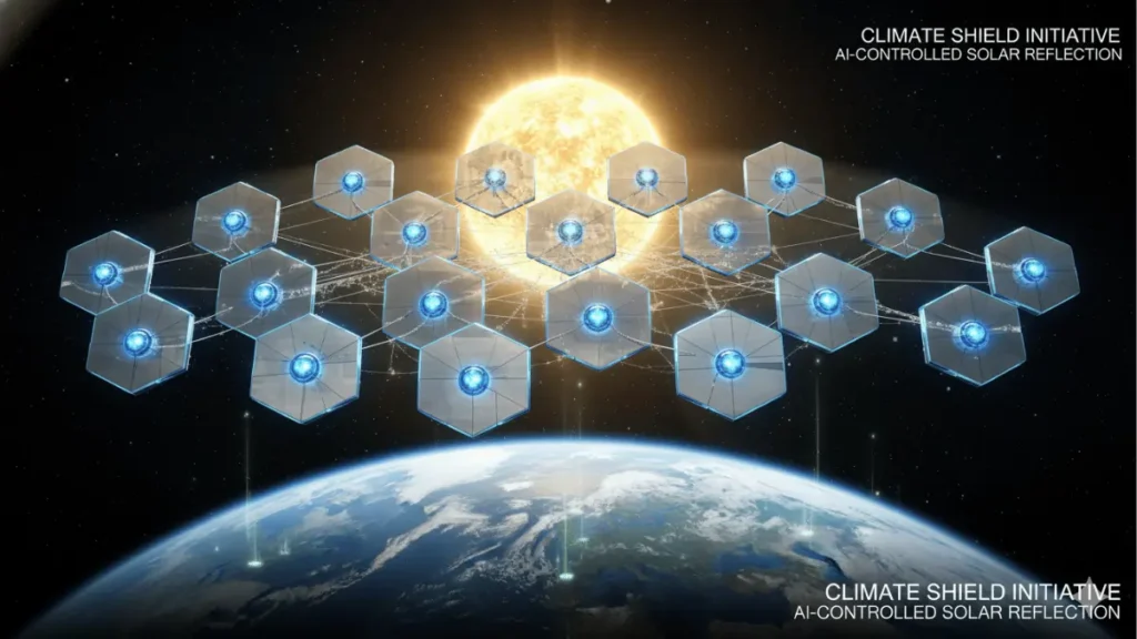 Conceptual illustration of AI-controlled satellites positioned between Earth and Sun reflecting sunlight for climate management