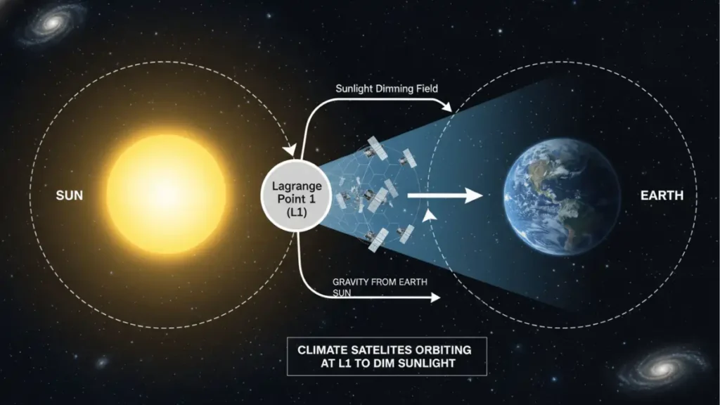 Diagram showing Sun-Earth Lagrange Point 1 location where climate satellites would orbit to dim sunlight