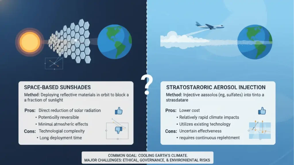 Infographic comparing space-based sunshades versus stratospheric aerosol injection geoengineering methods
